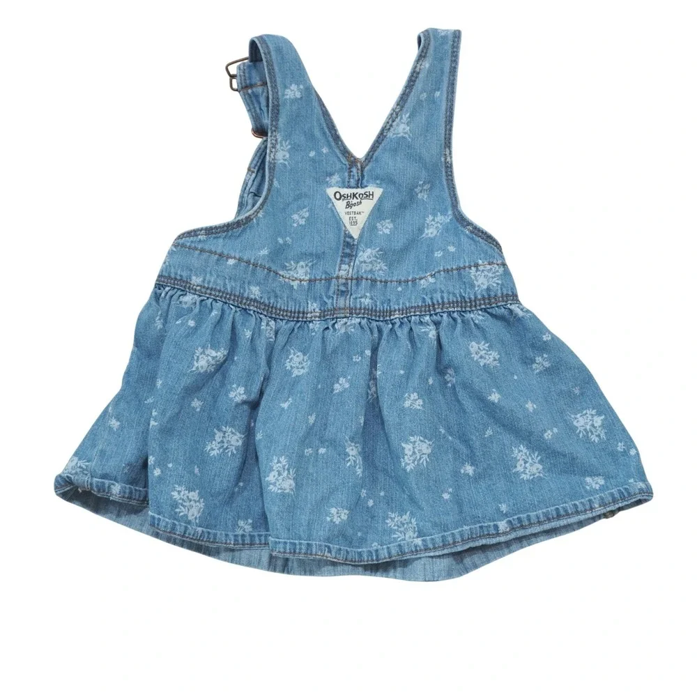OshKosh Bgosh Baby Girls 12M Blue Floral Denim Overall Jumper Dress 100% Cotton